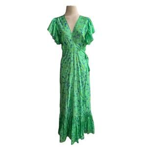 Jessie Western Maxi Wrap Dress Medium Green Floral Bird Silk Boho Cottagecore W4
